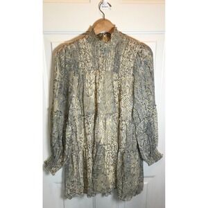 Olivaceous Womens Med Smocked Tiered Mini Dress Gold Metallic Boho Long